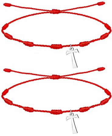 cotigo Bracciale 7 nodi rosso con amuleto in acciaio-fortuna e protezione-bracciale malocchio per coppie e amicizia-gioielli regolabile-bracciale filo rosso per donna e uomo, Acciaio inossidabile