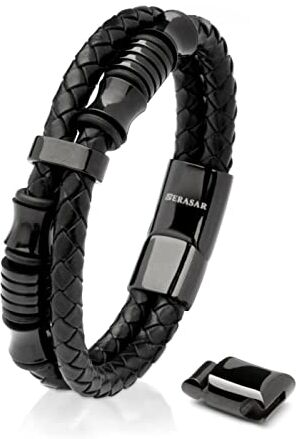 SERASAR Bracciale Uomo Acciaio Nero 20cm Braccialetto Uomo Pelle Cuoio Regolabile Magnetico Inox Bracciali Braccialetti Bigiotteria Cinturino Braciale Bambino Bracelet Corda Braciale Nere Accessori