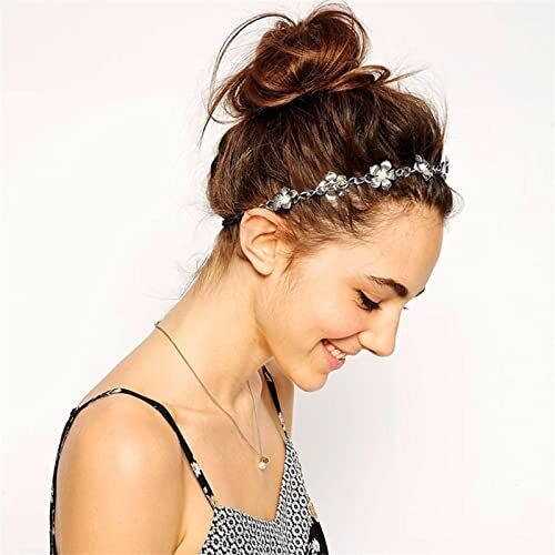 Wendalern Boho Flor de perla Cadena para el cabello Diadema Flor de plata Banda para el cabello Boda Perla Cadena para la cabeza Metal Elástico Nupcial Accesorios para el cabello para mujeres y niñas