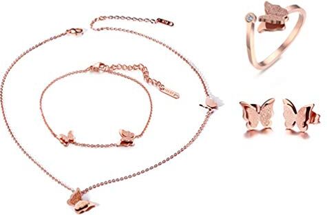 Cupimatch [4 Pezzi di Combinazioni Collana Bracciale Orecchini Anello Farfalla Acciaio Inossidabile Donna Oro Rosa Regalo Perfetto (4 set)