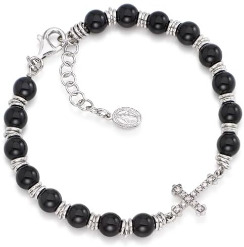 Amen. Gioielli, Bracciale con Croce, Bracciale in Argento 925 Donna Uomo, Rodiato con Onice e Zirconi Bianchi, Regalo Donna, Regalo Uomo, Made In Italy.