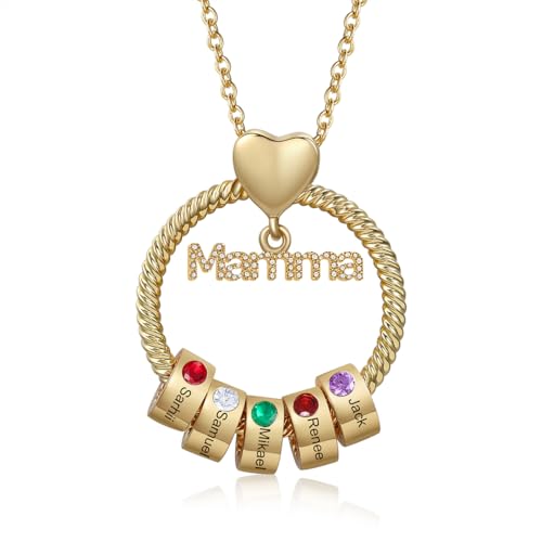 lorajewel Collana Mamma Personalizzata Festa della Mamma Ciondolo Rotondo con Nome e Pietra di Nascita Regali per Mamma Nonna Moglie Natale Compleanno (oro-5)