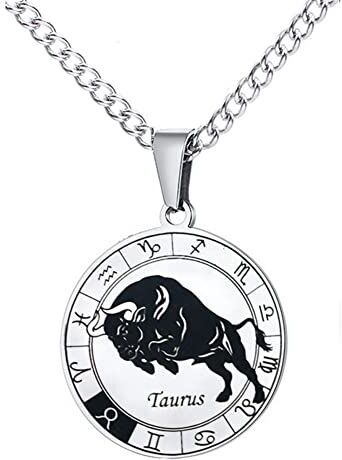 PAURO Uomo Acciaio Inossidabile Collana Dominante Vintage con Zodiaco con Sigillo Rotondo con 12 Costellazioni Argento Nero Toro