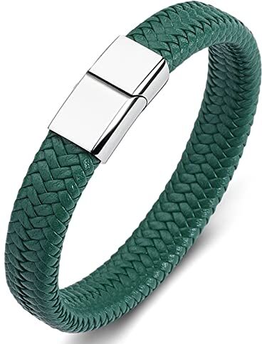 Ayoiow Bracciale A Sfere Acciaio Uomo Pelle Bracciale Intrecciato Verde con Fibbia d'Argento Bracciale in Acciaio Inox per Uomo