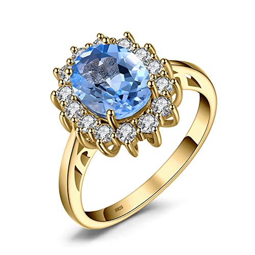 JewelryPalace Kate Middleton Anello Halo Donna Argento 925 con Naturale Topazio Azzurro, Principessa Diana William Anelli Dorati Donna con Pietra Ovale, Fedina Zirconi in Oro Set Gioielli Donna 19.5