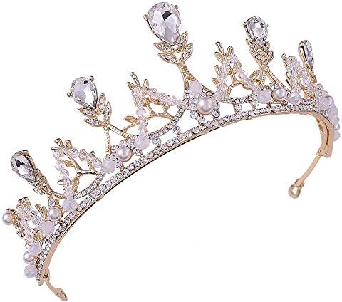 LEEMASING Tiara Corona da sposa, con strass e perle, per matrimonio, ballo di fine anno, festa (oro)