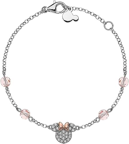 Disney Bracciale argento 925 bicolore, con Centrale raffigurante Minnie Mouse con zirconi Bianchi e Fiocco Oro Rosa