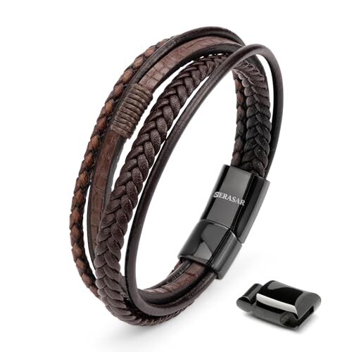 SERASAR Bracciale Uomo Acciaio 17cm Marrone Braccialetto Uomo Cuoio Regolabile Magnetico Inox Bracciali Braccialetti Perline Bracialetto Cinturino Braciale Bambino Bracelet Braciale Nere Accessori