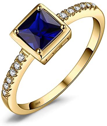 JewelryPalace Anelli Donna Argento 925 Creato Zaffiro Blu, Solitario Anello Dorato in Oro con Pietre a Taglio Principessa, Classico Fedine Argento Promessa Anello con Zirconi, Set Gioielli Donna 7