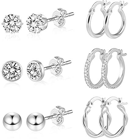 ALEXCRAFT orecchini cerchio piccoli, orecchini argento cerchio, Orecchini a Cerchio Huggies Anallergici in Argento Sterling 925 con Zirconi Cubici, earrings, Set di Orecchini a Bottone