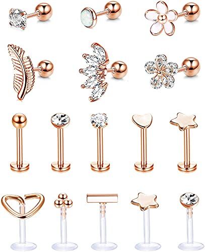 Milacolato Forward Helix Cartilagine Tragus Orecchini Stud Acciaio Inossidabile Trasparente Lip Naso Anelli Labret Borchie CZ Fiori Foglia Opale Bilanciere Stud Monroe Piercing Jewelry 16G