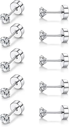 Milacolato Piercing Titanio per Donna Ragazze 5Pairs G23 Orecchini in Titanio per Orecchie Piercing Diamante Borchie ipoallergeniche 20G Flat Back Piercing Cartilagine Tragus Conch helix Titanio