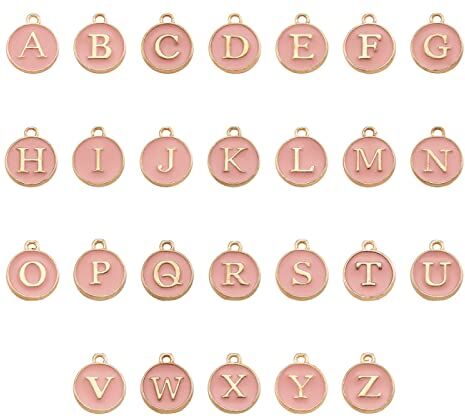 Craftdady 26Pcs A-Z Alfabeto Smalto Pendenti Rosa Piatto Rotondo Con Iniziale Lettera Capitale Charm Per La Realizzazione Di Gioielli