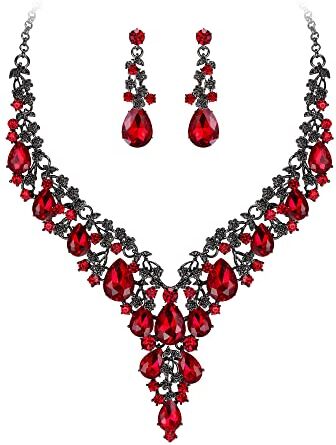 Clearine Matrimonio Sposa Gioielli Set Goccia Strass Cluster Statement Collana Orecchini Pendenti Pendenti Set Costume Jewellery for Women Rosso Colore Nero-Fondo