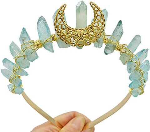 CAMDOM Cerchio per capelli con luna in cristallo naturale, corona da dea, stile vintage, tiara fatta a mano in quarzo grezzo