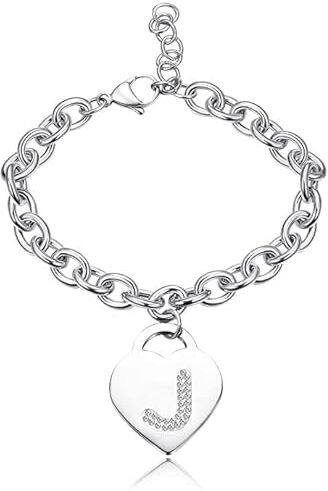 SiLo Bijoux Bracciale con lettera iniziale donna con STRASS in acciaio con lettera NOME charm cuore e cristalli argento alfabeto misura regolabile, nascita, anniversario,idea CONFEZIONE REGALO INCLUSA (J)