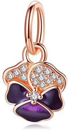 H.ZHENYUE Deep Purple Pansy Flower Dangle Charms per Braccialetti con Ciondoli da Donna,Regalo di Gioielli di Natale di Compleanno per la Festa Della Mamma in Argento Sterling 925 per Ragazze