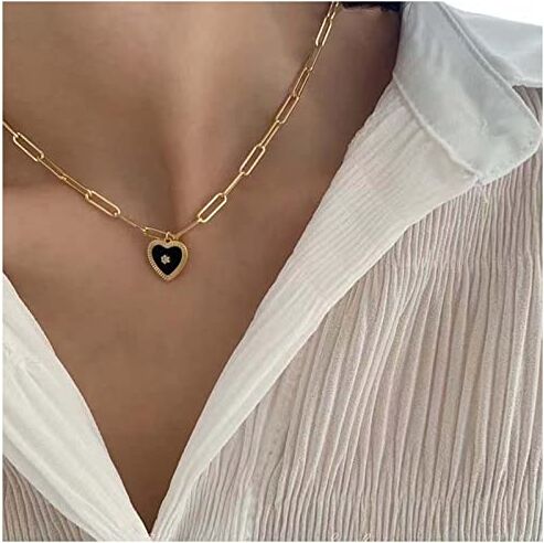 Dervivea Boho Nero Cuore Collana Choker Onice Cuore Ciondolo Collana Paperclip Lariat Collana Catena Oro Paperclip Collana Gioielli Per Le Donne E Le Ragazze