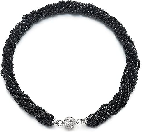 COOLSTEELANDBEYOND Nero Statement Pendente Multi Strati Perline Cristallo Intrecciato Catena Girocollo Choker Fermoir Magnétique