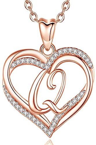 INFUSEU Ciondolo Iniziale Q, Collana in Oro Rosa con Lettera Doppio Cuore Cubic Zirconia CZ Nome Gioielli Regali Romantici per Le Donne Fidanzata Moglie, Catena da 20 Pollici