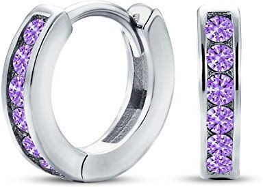 Bling Jewelry Orecchini a cerchio piccoli con canali di zirconia cubica viola per le donne con ametista simulata (argento 925)