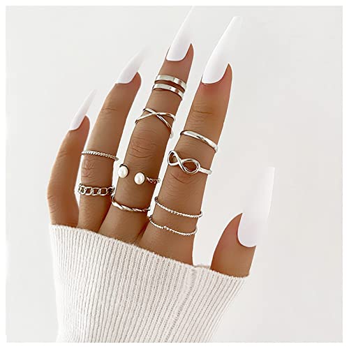 Dishowme Boho Pearl Infinity Knuckle Rings Set Lucky 8 Wave Twisted Finger Joint Ring Costume Anelli impilabili per donne, ragazze, uomini (Argento)