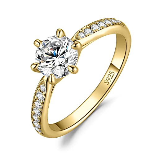 JewelryPalace 1ct Classico Anello Solitario Donna Argento 925 con Cubica Zirconia, Diamante Simulato Anelli Dorati con Pietre Laterali, Semplice Fedine Fidanzamento in Oro Set Gioielli Donna 14.5