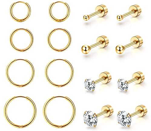 Dochais 8 Paia Orecchini In Acciaio Chirurgico 36L, Orecchini Tondi Con Zirconi Placcati In Oro 4K, Orecchini a Cerchio Con Cartilagine Ipoallergenica, Multi Piercing (Oro, Argento) (Oro)