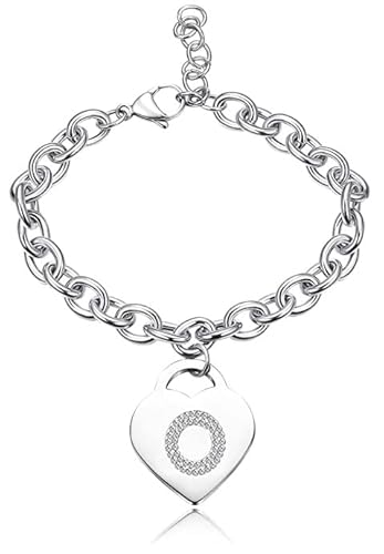 SiLo Bijoux Bracciale con lettera iniziale donna con STRASS in acciaio con lettera NOME charm cuore e cristalli argento alfabeto misura regolabile, nascita, anniversario,idea CONFEZIONE REGALO INCLUSA (O)