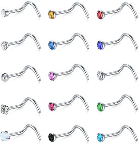 Mayhoop 15pcs 20G Piercing al Naso Argento Acciaio Chirurgico Piercing al Naso a Vite con Opale cz colorato per Donna Uomo