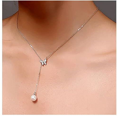 Dervivea Boho Perla Lariat Collana Lunga Farfalla Y Collana Catena Cz Farfalla Y Forma Collana Argento Perla Y Goccia Gioielli Per Donne E Ragazze