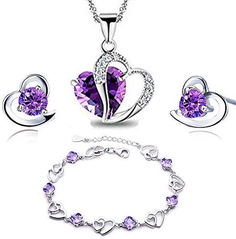 findout , set bracciale + orecchini + collana con pendente a cuore in cristallo e ametista rossa, rosa, blu, bianca, per donne e ragazze. e Argento, colore: Amethyst, cod. 497