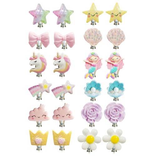 NyxSeat 12 paia di orecchini a clip per bambini, graziosi orecchini a forma di cartoni animati, clip per orecchio, clip per fiori, orecchini principessa, adatti per regali di compleanno, regali per la festa