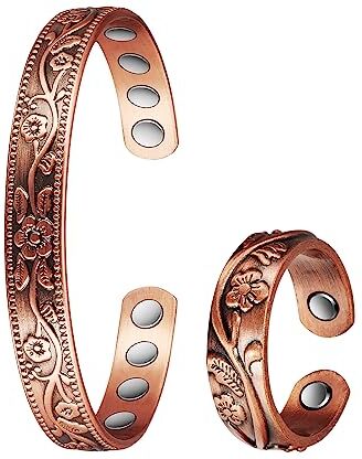 YINOX Set di gioielli in rame puro per la terapia magnetica dell'artrite, bracciale e anello per la terapia magnetica del drenaggio linfatico per alleviare l'artrite e l'emicrania (3500 gauss) (B)