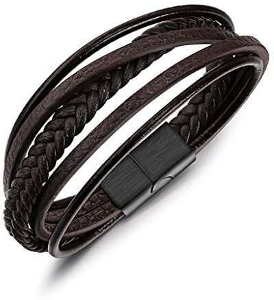 Lareina.C Bracciale da Uomo in Vera Pelle Intrecciato Multistrato Braccialetto Cuoio Nero e Marrone Chiusura Magnetica in Acciaio Inossidabile 21cm(8.26") (Marrone)