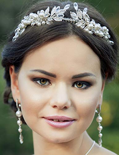 BERYUAN diadema da sposa con foglie di perla corona da donna accessorio per capelli accessorio per matrimonio accessorio per capelli con strass di cristallo regalo (argento)