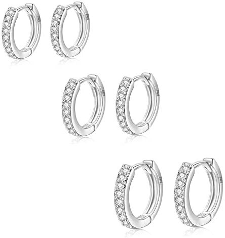 PRETOLE 3 paia di orecchini a cerchio da donna in argento sterling S925 Orecchini a cerchio Huggie con zirconi cubici Piccoli orecchini a cerniera Huggie Sleeper cartilagine