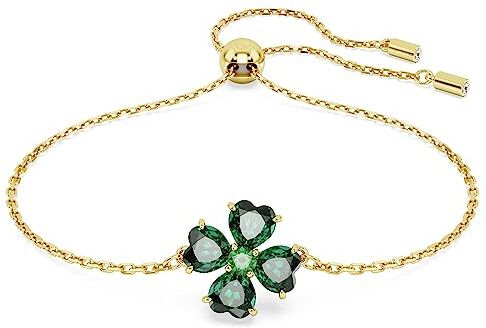 Swarovski Idyllia Braccialetto, Motivo a Quadrifoglio con Cristalli dal Taglio a Cuore e Zirconia , Placcatura in Tonalità Oro, Verde