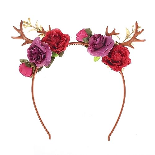 YEAMKE Personalità creativa corna di cervo con fiori di rosa Ornamento di pelo di animale di Natale fascia per capelli di alce, 108-4 rosso