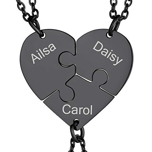 GOLDCHIC JEWELRY Collana Puzzle 3 pezzi Incisione con Nome Collane Cuore Diviso Inciso 3 Pezzi Personalizzati, Collane Puzzle Neri Migliori Collane Amiche Per 3 Collana Donna Nera