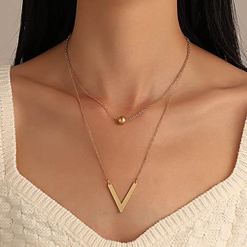 TseenYi Collana Iniziale Girocollo Stratificato Palla Perlina Collana D'oro V Iniziale Collana Ciondolo Boho Iniziale Stratificazione Collana Catena Clavicola Gioielli Per Le Donne E Le Ragazze