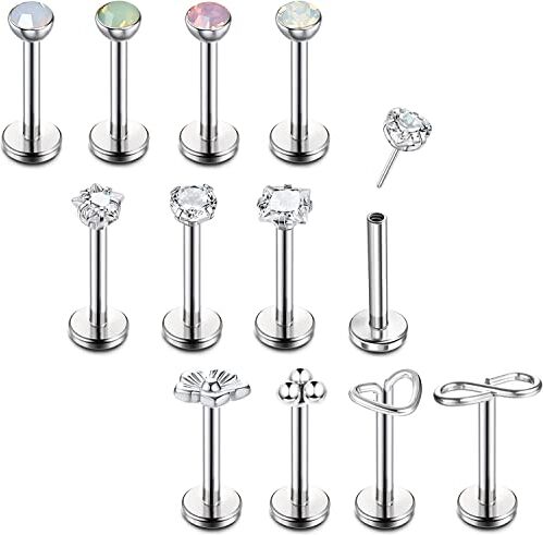 ADRAMATA 12Pcs Labbro Piercing 16G Acciaio Inossidabile Labret Monroe Naso Labbro Piercing Fiori Cuore Trago Helix Conch Cartilagine Piercing Gioielli per Donna Uomo,8