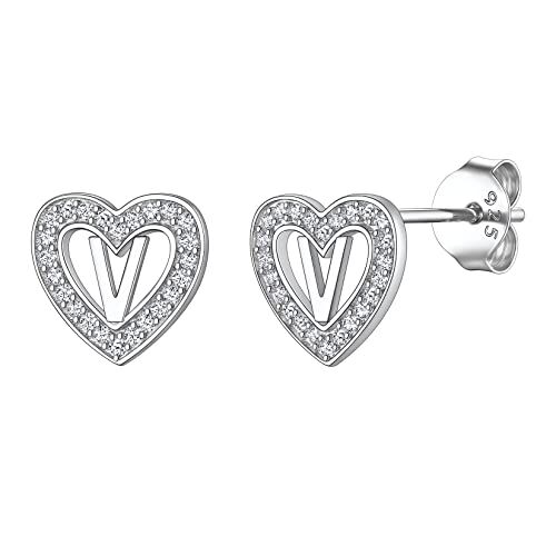 Suplight Orecchini Argento 925 Donna Orecchini Cuore Orecchini Lettera V Orecchini Donna Cuore Orecchini Iniziale con Zirconia Orecchini Argento a Perno Regalo Donna Ragazza