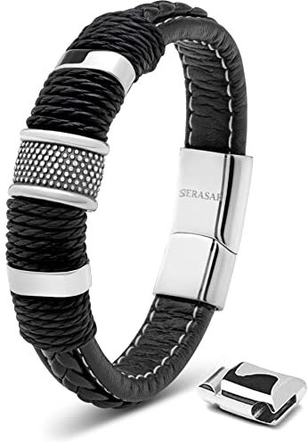 SERASAR Bracciale Uomo Pelle Argento 20cm Braccialetto Uomo Cuoio Aggiustabile Magnetico Bracciali Braccialetti Perline Bigiotteria Bracialetto Braciale Bambino Bracelet Corda Braciale Nere Accessori