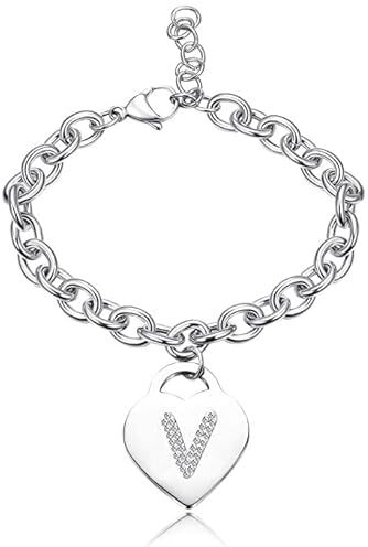 SiLo Bijoux Bracciale con lettera iniziale donna con STRASS in acciaio con lettera NOME charm cuore e cristalli argento alfabeto misura regolabile, nascita, anniversario,idea CONFEZIONE REGALO INCLUSA (V)