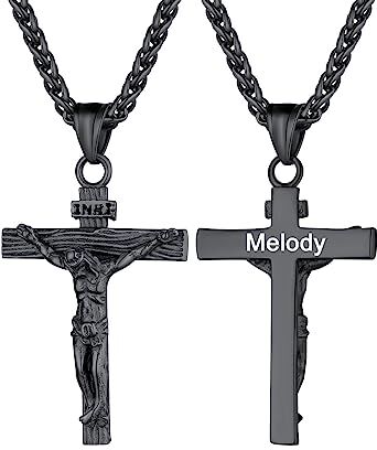 U7 Collana Croce Uomo con Gesù Cristo, Nero Collana Uomo Acciaio, Collana con Croce Uomo Ciondolo, Crocifisso Collana Uomo Donna, Collana Personalizzata con Incisione Amuleto Religioso