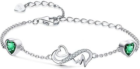 Qings Bracciale Infinito Donna Argento 925 con Smeraldo Bracciali Maggio Cuore Pietre di Nascita Braccialetto Regolabile Infinity ECG, Verde Gemma Gioielli Regalo di Festa della Mamma per Madre Nonna