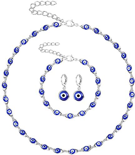 KALVICA 4 Pezzi Collana Turca del Malocchio Donna Collana Eye Evil Set di Orecchini per Collana e Bracciale con Malocchio Donna Gioielli Realizzata a Mano Collana Portafortuna Amuleto per Amati