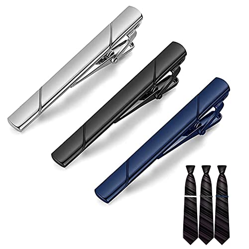 LONGHAO 3 pcs,Fermacravatte Classiche,Fermacravatta Slim Uomo,Fermacravatte per Uomo,set Fermacravatta per Matrimonio Aziendale,per San Valentino,Anniversari,Feste(Nero/Blu Scuro/Grigio) (#2)