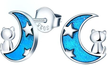 MICMIF Orecchini con Gatto e Luna Blu in Argento 925, Orecchini a lobo Gatto Carino Sulla Luna Orecchini Ipoallergenico Gioielli per Donna Ragazze Bambini